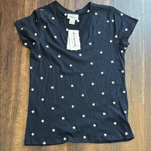 For The Republic Blue Fitted V-Neck Short Sleeve Tee w/Embroidered Stars, NWT